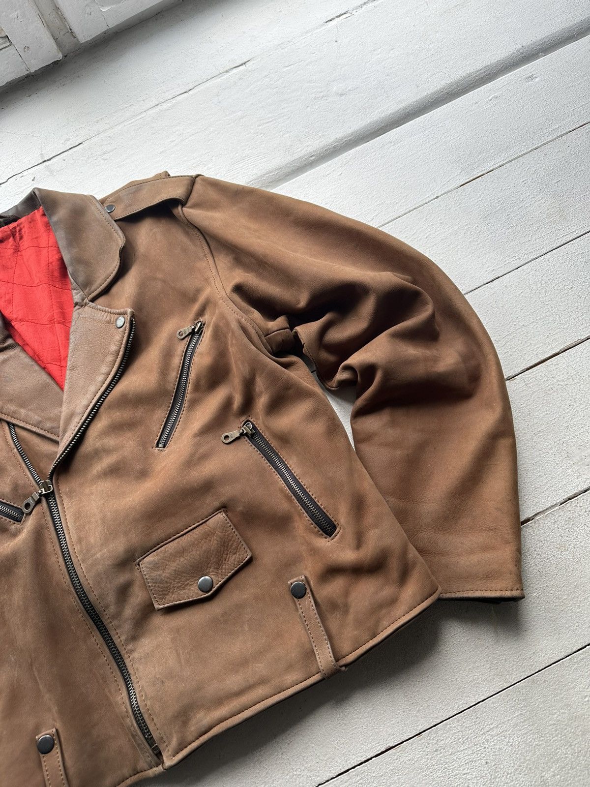 Other 🚨VNTG LEATHER JACKET AVANT GARDE ASYMMETRICAL BROWN MOTO Size US XL / EU 56 / 4 - 3 Thumbnail