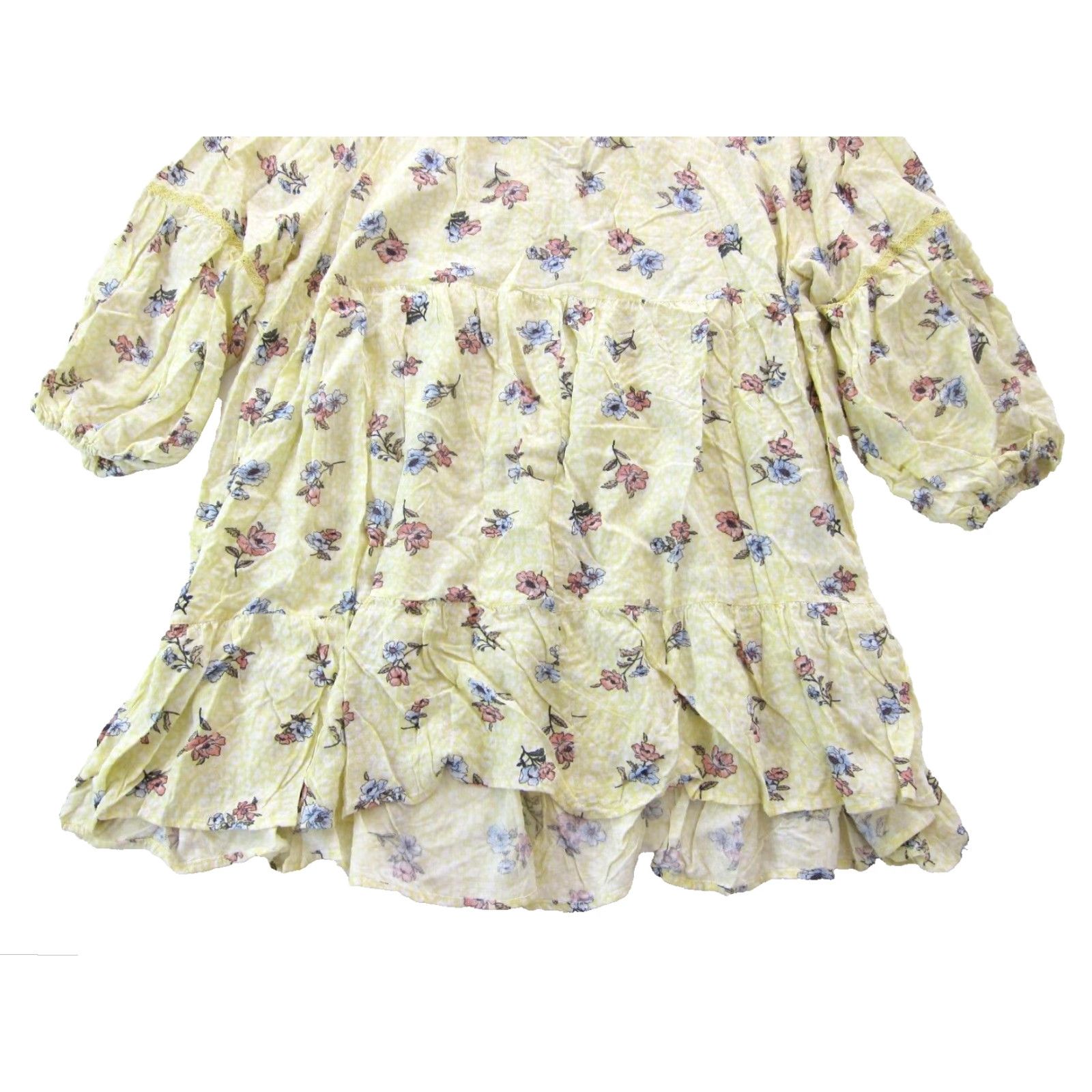 Vintage Love, Fire Dress Kaftan 3/4 Sleeve Smock Peasant Dress 3X Yellow Rayon Floral V-Neck Tie 27" pit to pit 66" waist Womens Size XXL / US 16-18 / IT 52-54 - 7 Thumbnail