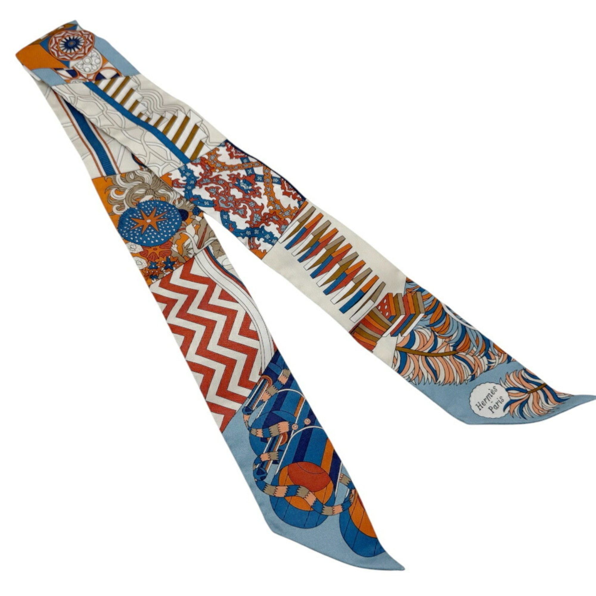 Hermes HERMES Twilly Scarf/Muffler, Silk, DE L’OMBRELLE AUX DUELS VIEUX (Duel with a Branch Umbrella), Blue/Orange, Women's Size ONE SIZE - 1 Thumbnail