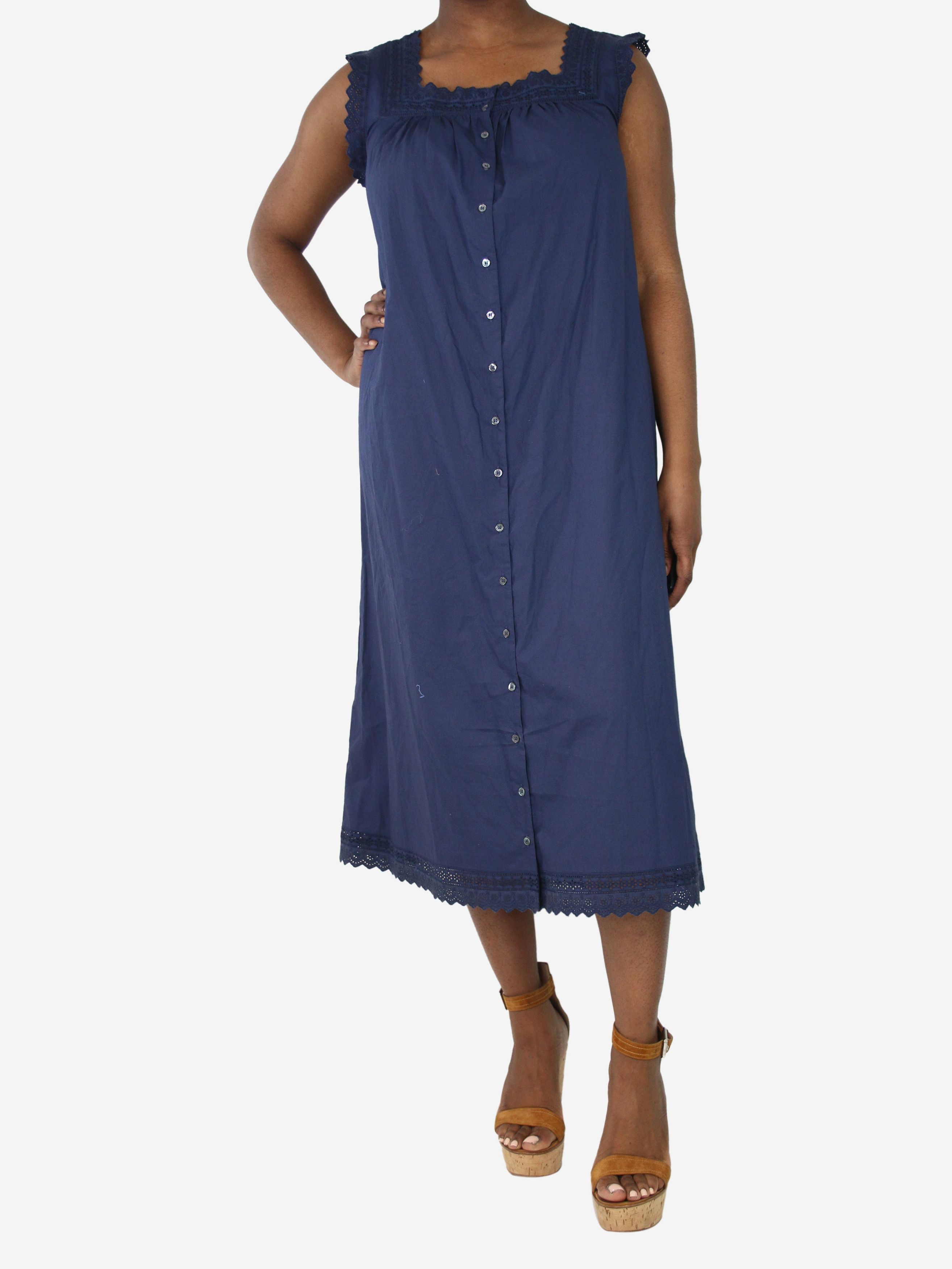image of Doen Navy Blue Embroidered-Trim Buttoned Dress - Size L, Women's