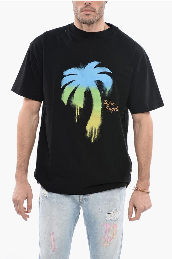 image of Palm Angels Crew-Neck T-Shirt With Spray Maxi Print in Black, Men's (Size 2XS)
