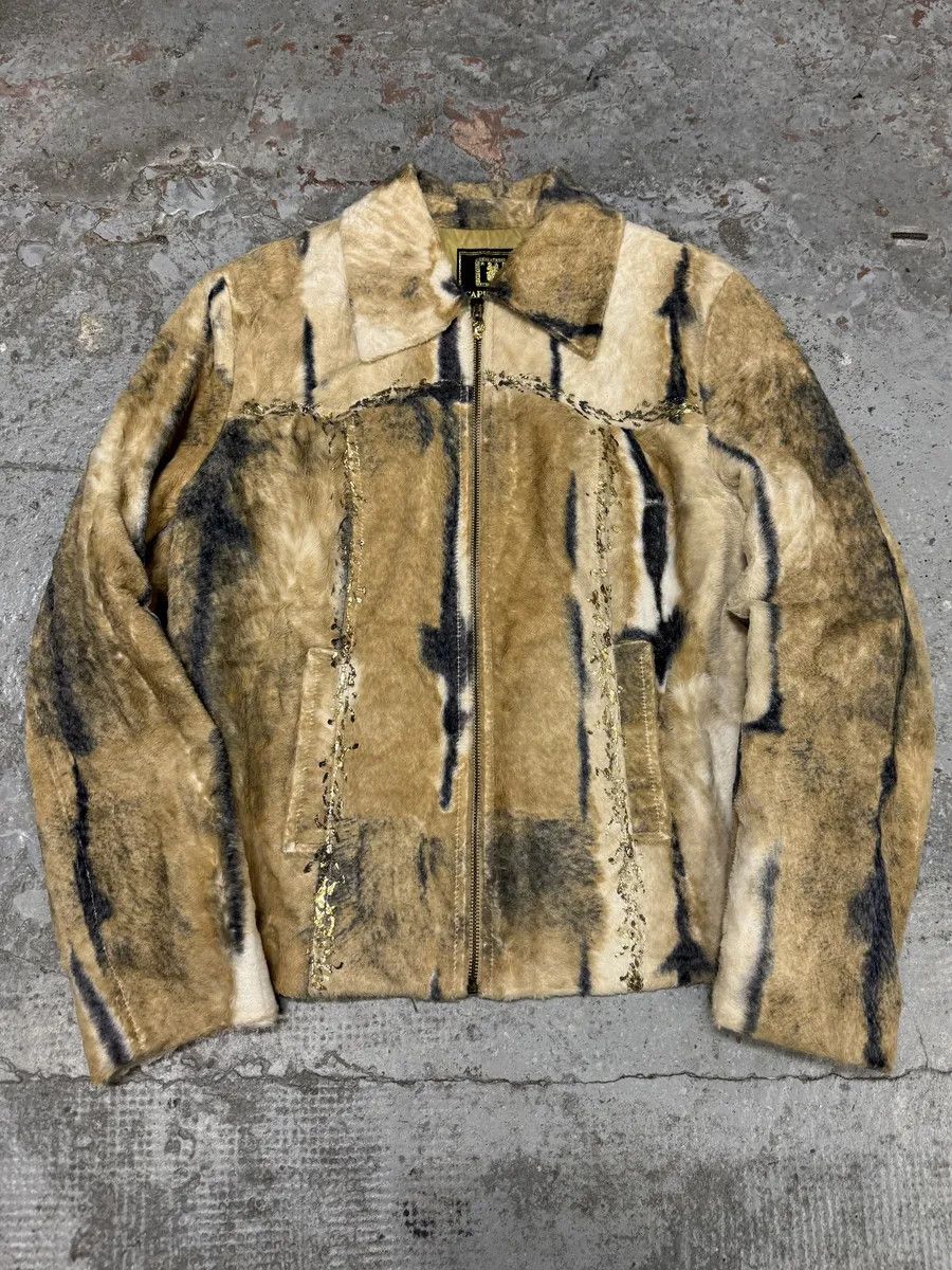 2000s Faux Fur Beige & Blue Irregular Jacket