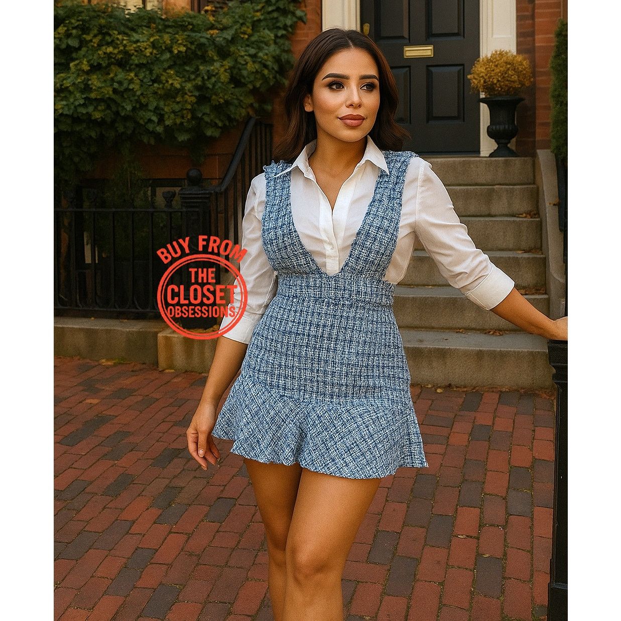 ZARA Blue Tweed Overall Dress NWT Size L