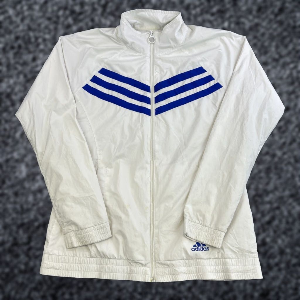 Adidas Adidas Jacket Womens Medium White Blue Full Zip High Neck Windbreaker Track Jacket Women M White Blue Full Zip Windbreaker Track Size M / US 6-8 / IT 42-44 - 1 Thumbnail