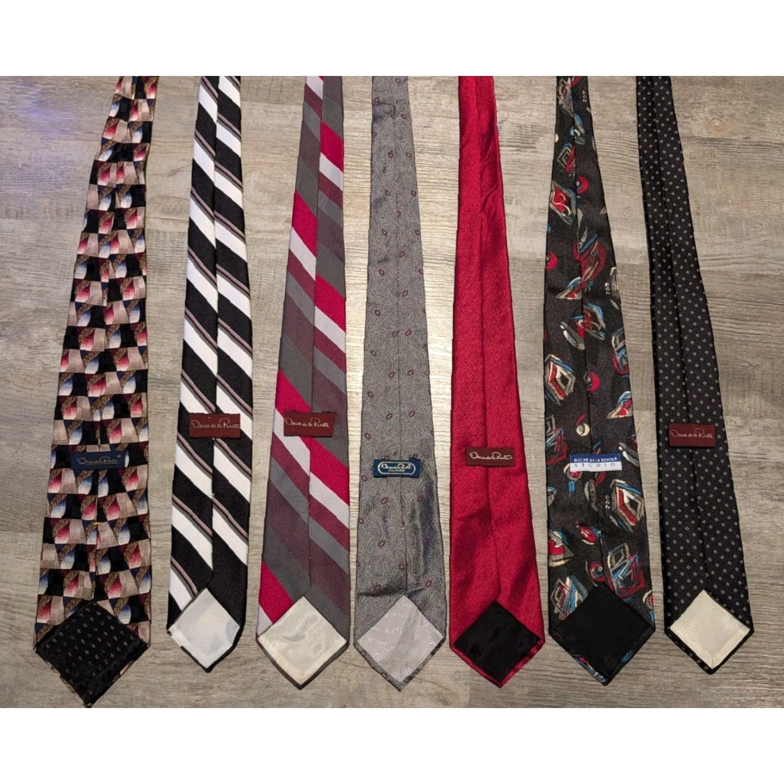 Oscar De La Renta VINTAGE Oscar de la Renta Tie Geometric Blue Multiple Silk Poly Striped Ties Lot of 7 Embroidered Clip-On Adjustable Men Classic 57"-60" Size ONE SIZE - 7 Thumbnail