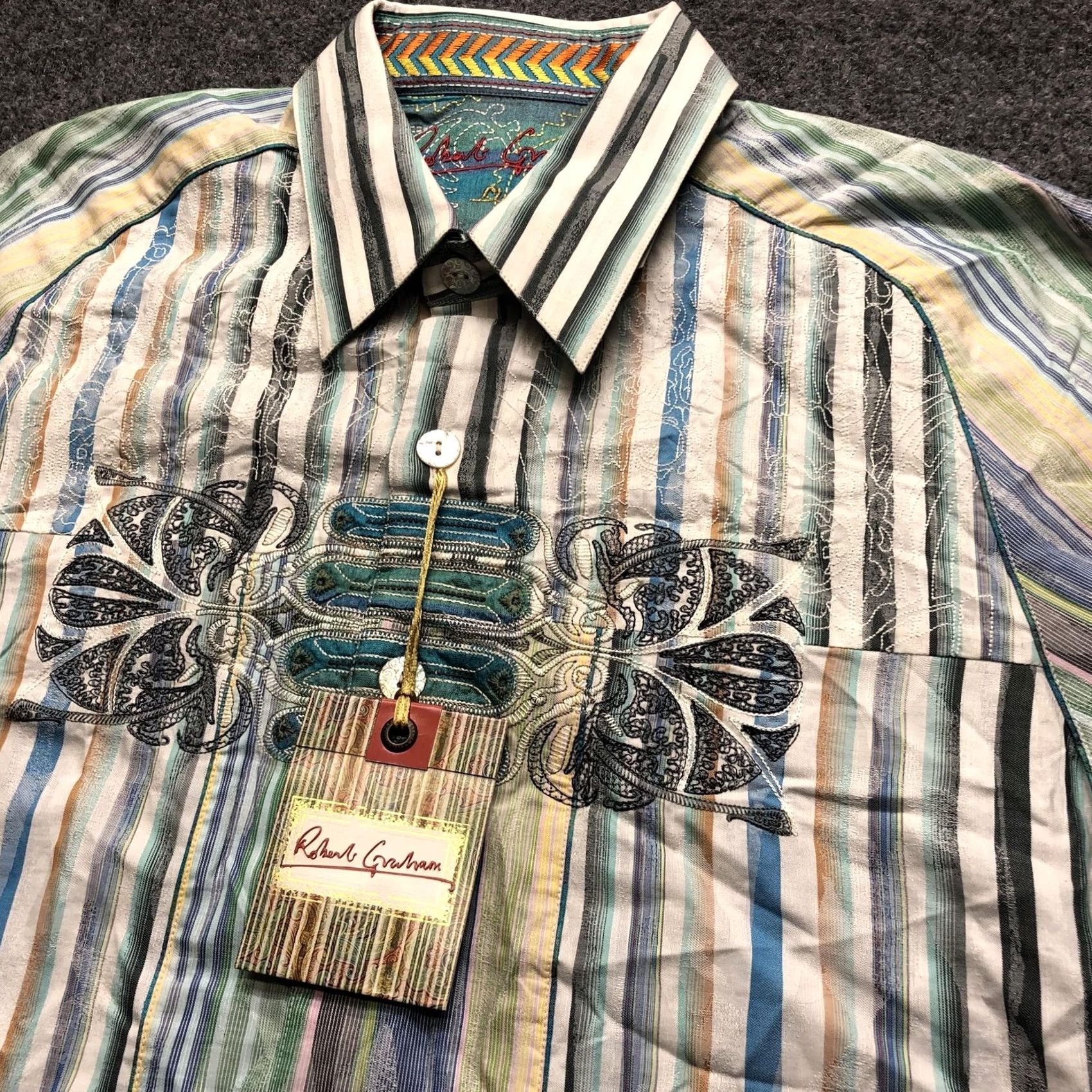 Robert Graham Robert Graham Shirt Mens Medium Multicolor Striped Button-Up Long Sleeve Embroidered Casual Shirt Size US M / EU 48-50 / 2 - 4 Thumbnail