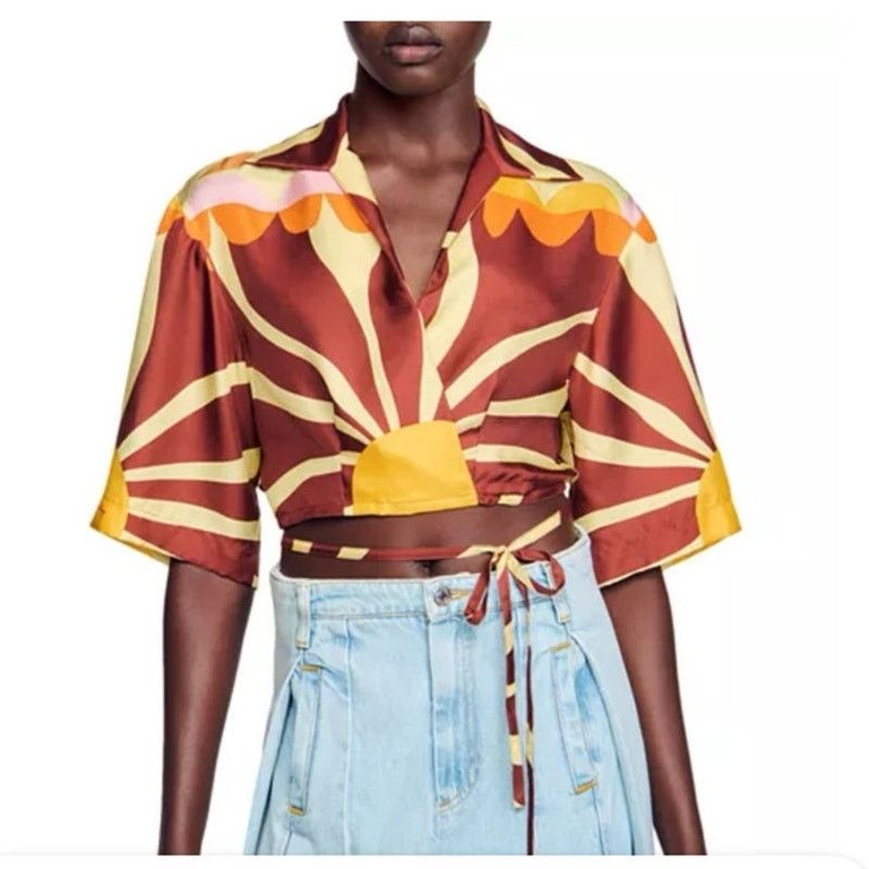 Sandro SANDRO x Louis Barthlemy Assia Silk Cropped Wrap Top Size XS / US 0-2 / IT 36-38 - 1 Thumbnail