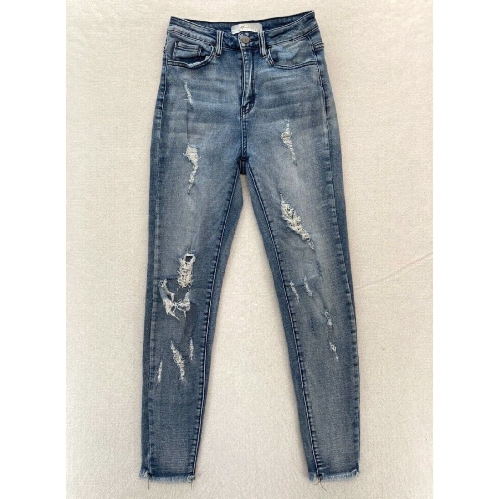 Vintage KanCan Jeans Women's 25 Light Wash Blue Stretch Denim Skinny Ankle Distressed Size 42" / US 20 - 2 Thumbnail
