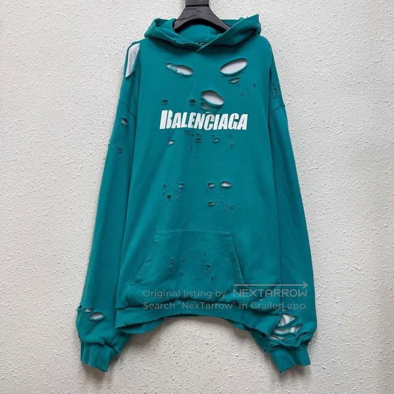 Balenciaga Balenciaga Teal Distressed Double-Layer Hoodie Size US M / EU 48-50 / 2 - 1 Thumbnail