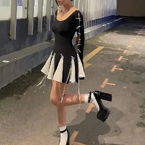 Autumn Black Mini Dress For Women Patchwork Flare