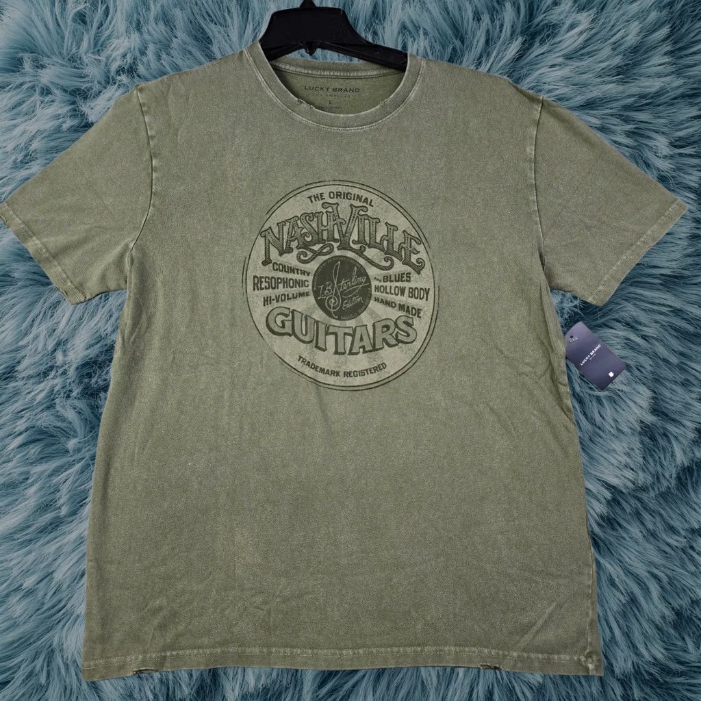 Lucky Brand Nashville Guitar T-Shirt Mens Large Green Gibson Distressed Music, Men's