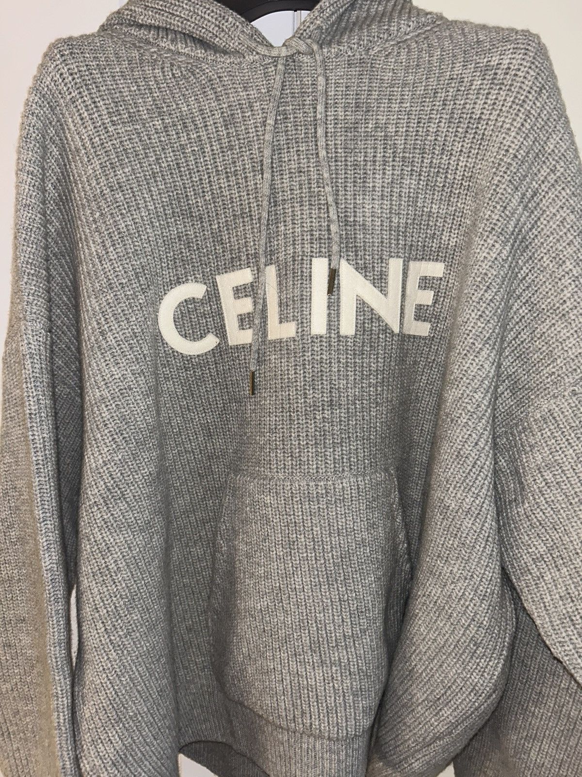 Celine CELINE HOODED SWEATER IN RIBBED WOOL LIGHT GREY | Grailed