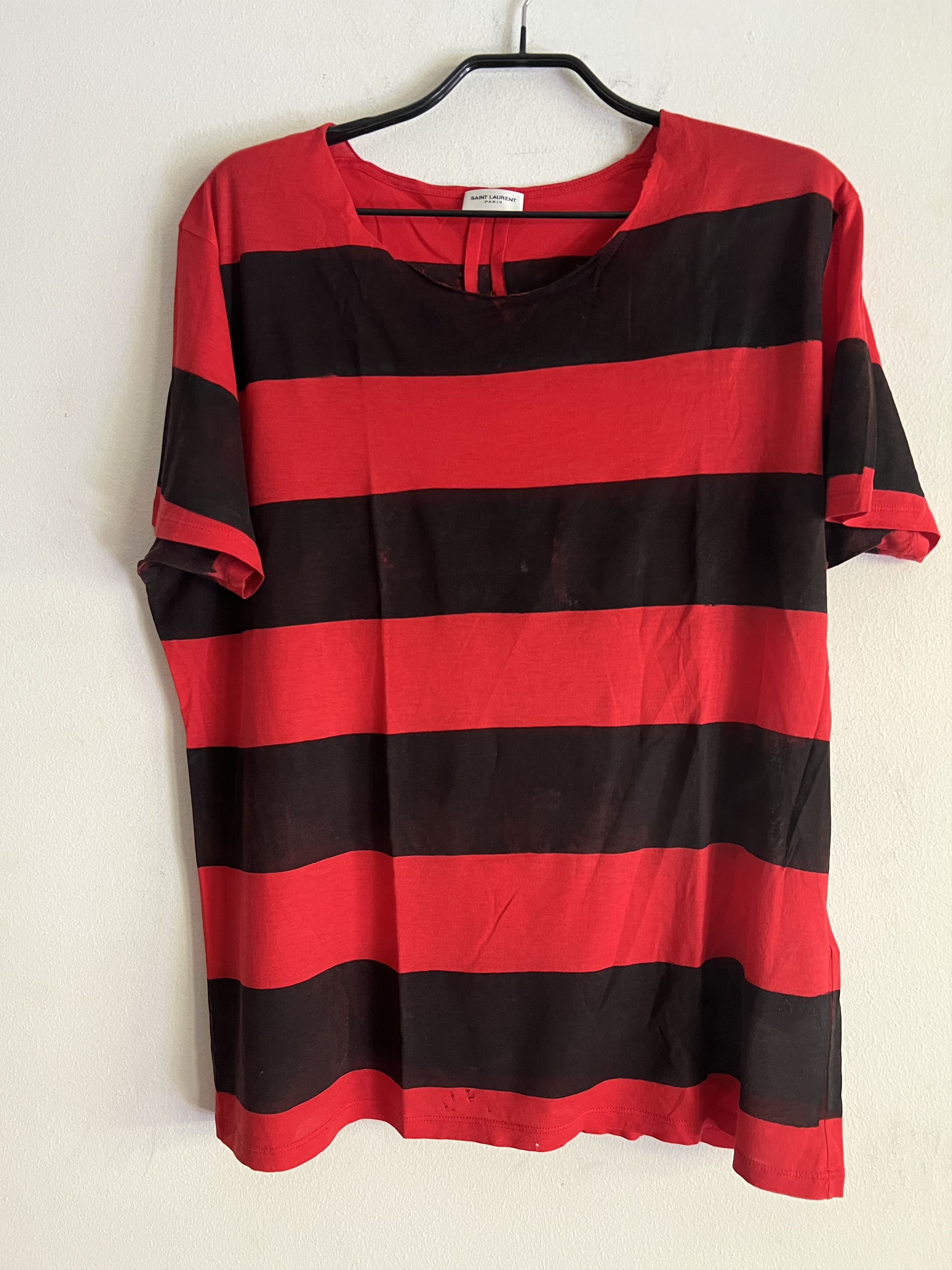 image of Hedi Slimane x Saint Laurent Paris Stripped T-Shirt in Black/Red, Men's (Size 2XL)