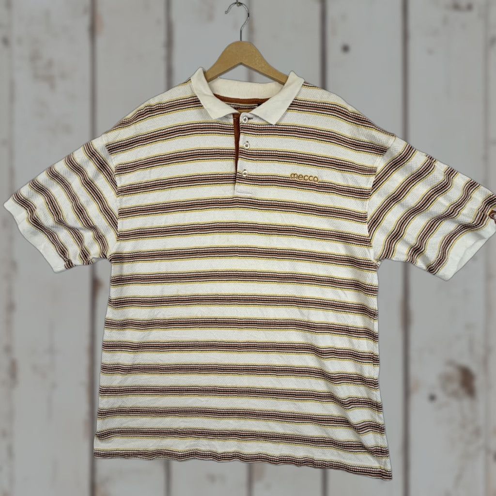 Vintage Mecca Polo Shirt Mens 2XL White Striped Pique Embroidered Logo Shirt Mens 2XL White Brown Yellow Polo Size US XXL / EU 58 / 5 - 1 Thumbnail