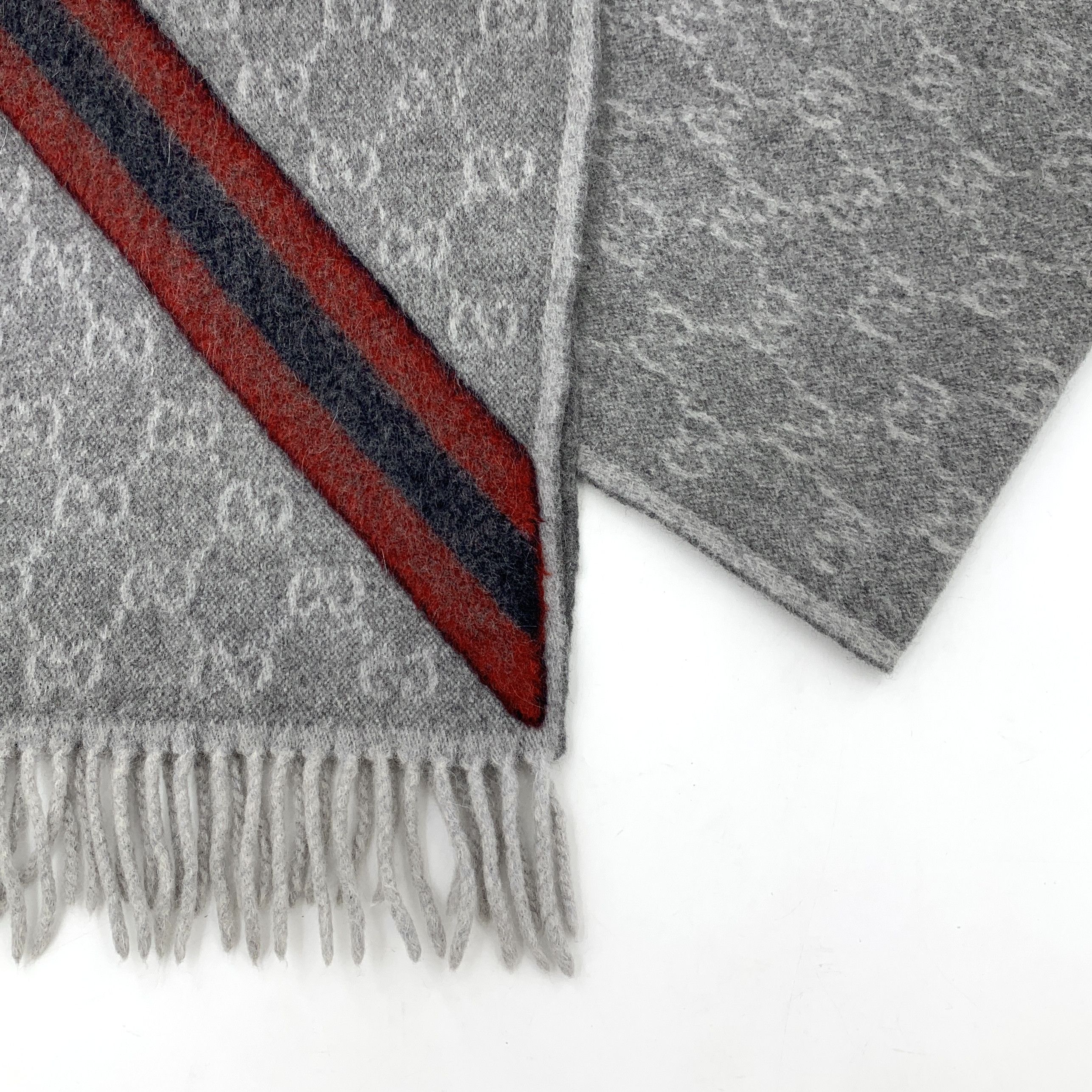 Gucci Gucci Stripe Monogram Wool Fringe Scarf Gray (190×37 cm) Size ONE SIZE - 5 Thumbnail