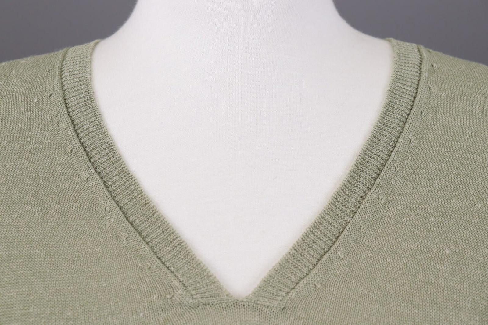 Oscar De La Renta Oska Khaki Linen V-Neck Crochet Knit Top Shirt Size 2 / M Size XS / US 0-2 / IT 36-38 - 4 Thumbnail