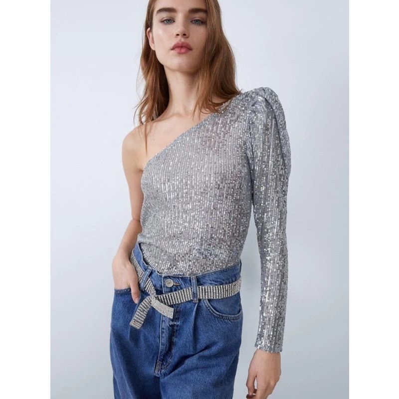 Zara Zara Silver Sequined One Shoulder Long Sleeve Bodysuit Large Size L / US 10 / IT 46 - 1 Thumbnail