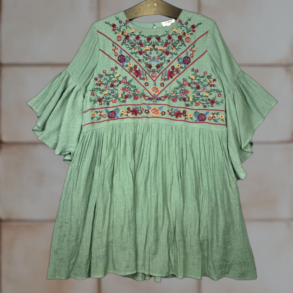 Bell Umgee Dress Shirt Bell Sleeve Mini Green Embroidered Boho Bliss Women M Green Boho Womens Dress M Size M / US 6-8 / IT 42-44 - 1 Thumbnail