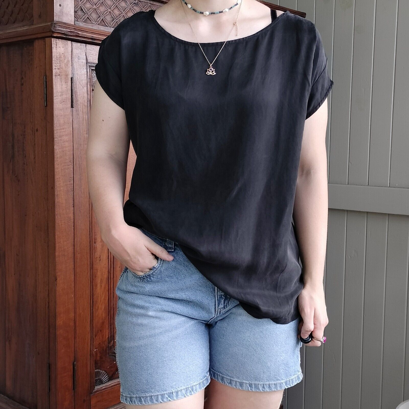 Japanese Brand Paqoda Blouse Short Sleeve Pleated Faux Suede Tie Waist Size ONE SIZE - 3 Thumbnail
