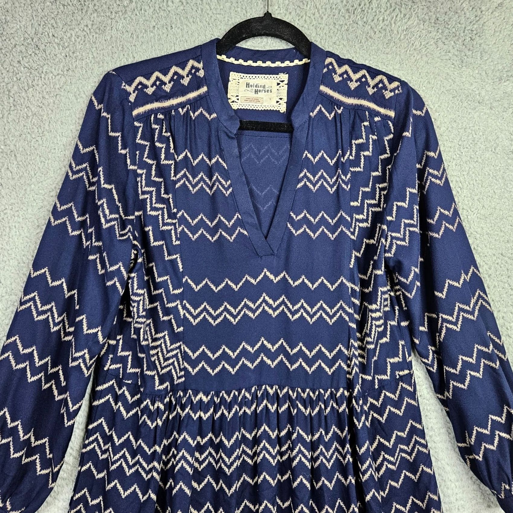 Vintage Holding Horses Women's Navy blue Chevron Printed Long sleeve V-neck Dress S Size S / US 4 / IT 40 - 4 Thumbnail