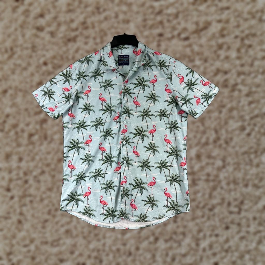 Vintage VINTAGE Brother Threads Shirt Adult Large Blue Palm Pink Flamingo Print Button Up Poly Size US L / EU 52-54 / 3 - 1 Thumbnail