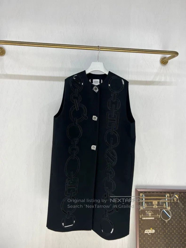 Hermes Hermes Leather Patch Cashmere Long Vest Jacket Size XXS / US 00 / IT 34 - 3 Thumbnail