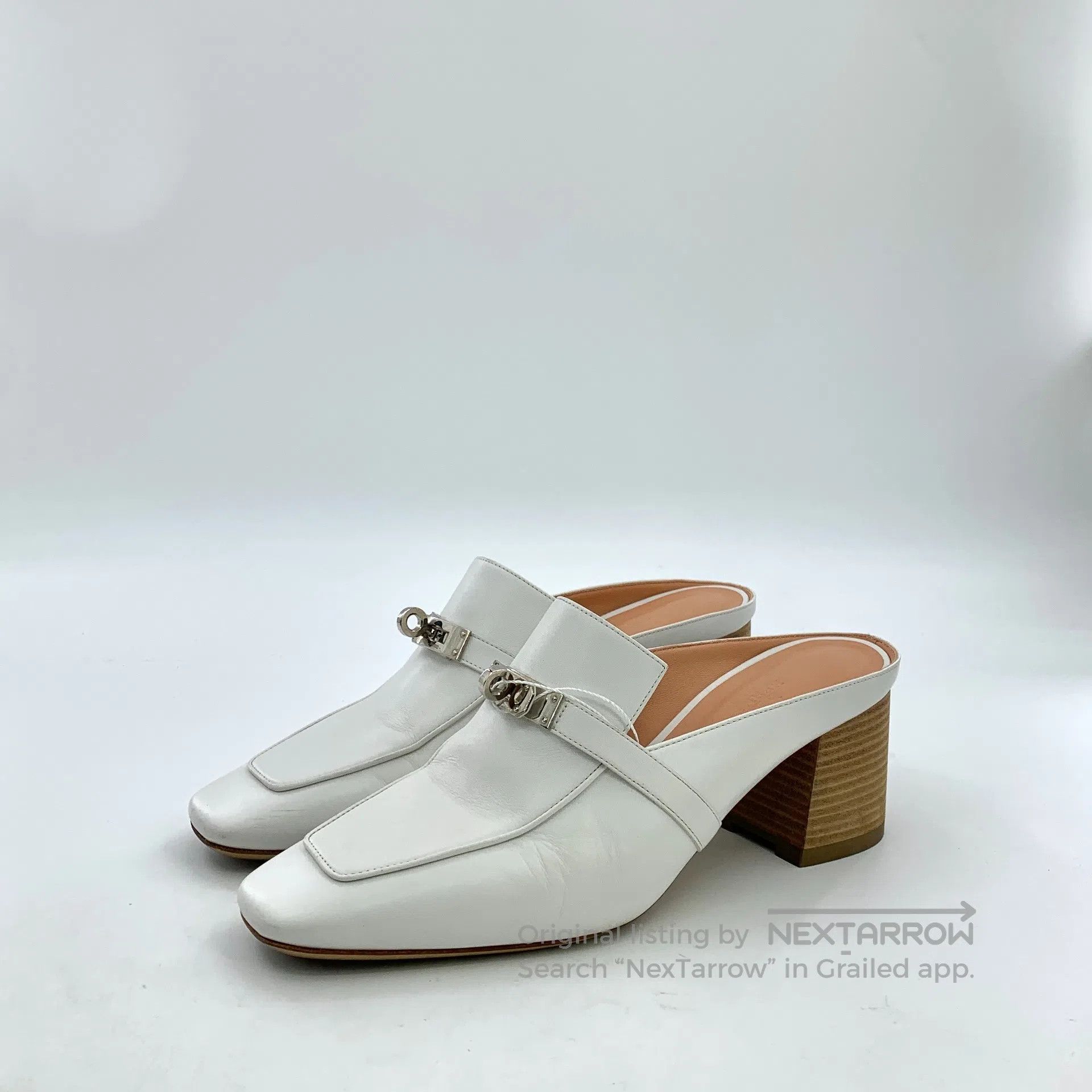 Hermes Hermes White silver buckle Mule block high-heeled shoes| Size US 8.5 / IT 38.5 - 1 Thumbnail