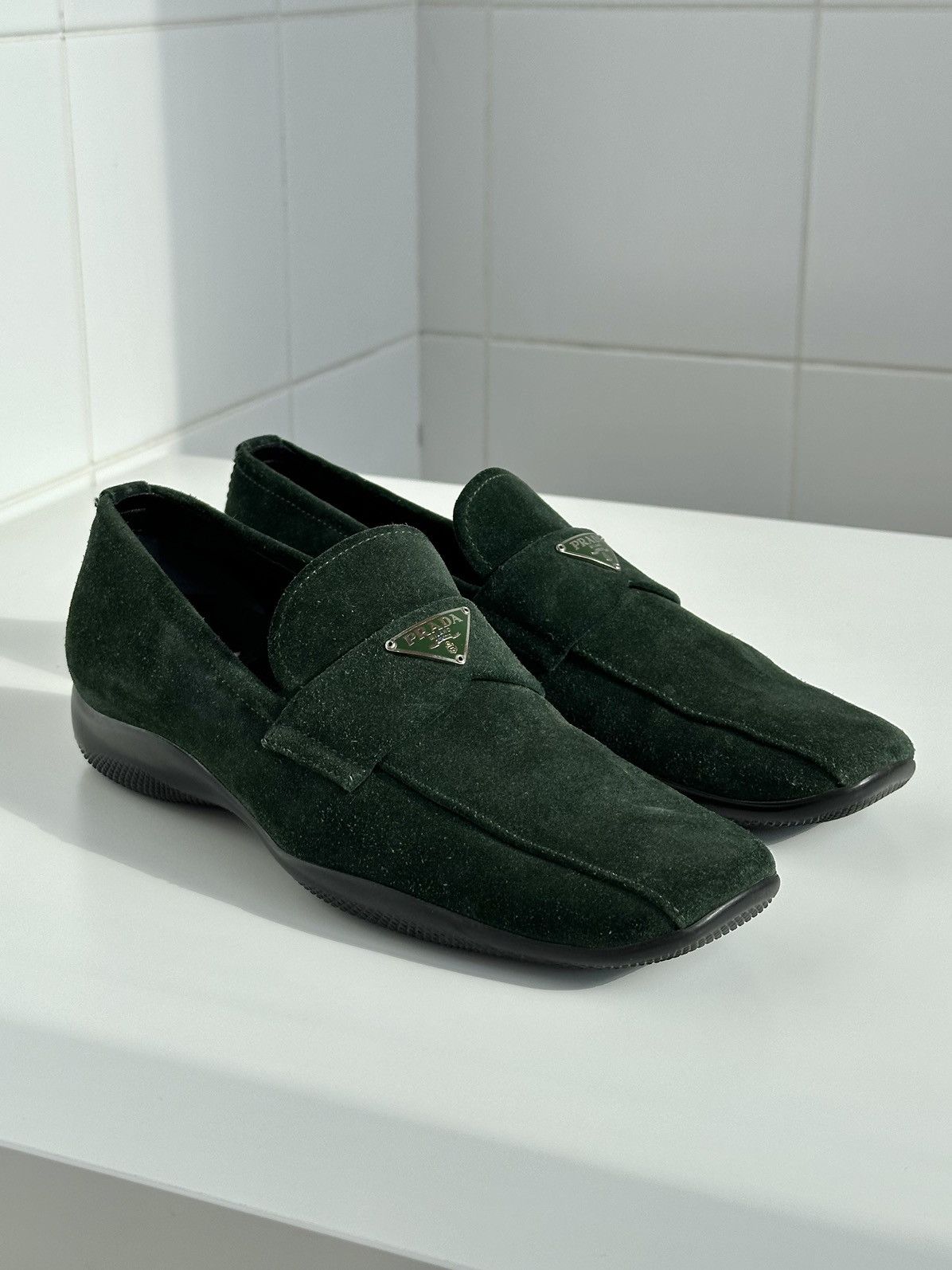 Prada PRADA Green Suede Triangle Logo Square Toe Loafers Slip One Size US 6 / IT 36 - 7 Thumbnail