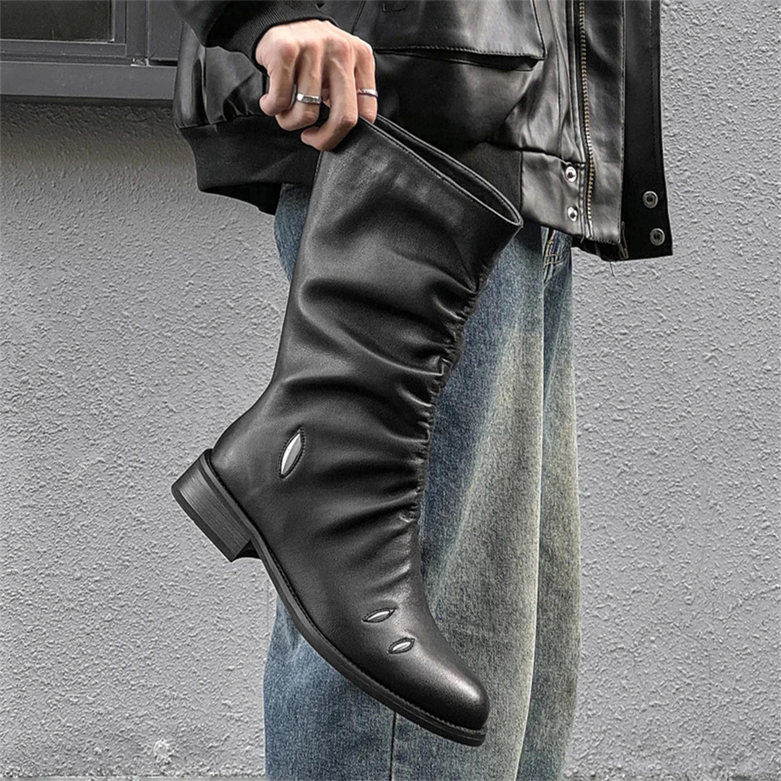 Gathered Leather Calf Boots with Metallic Cutouts