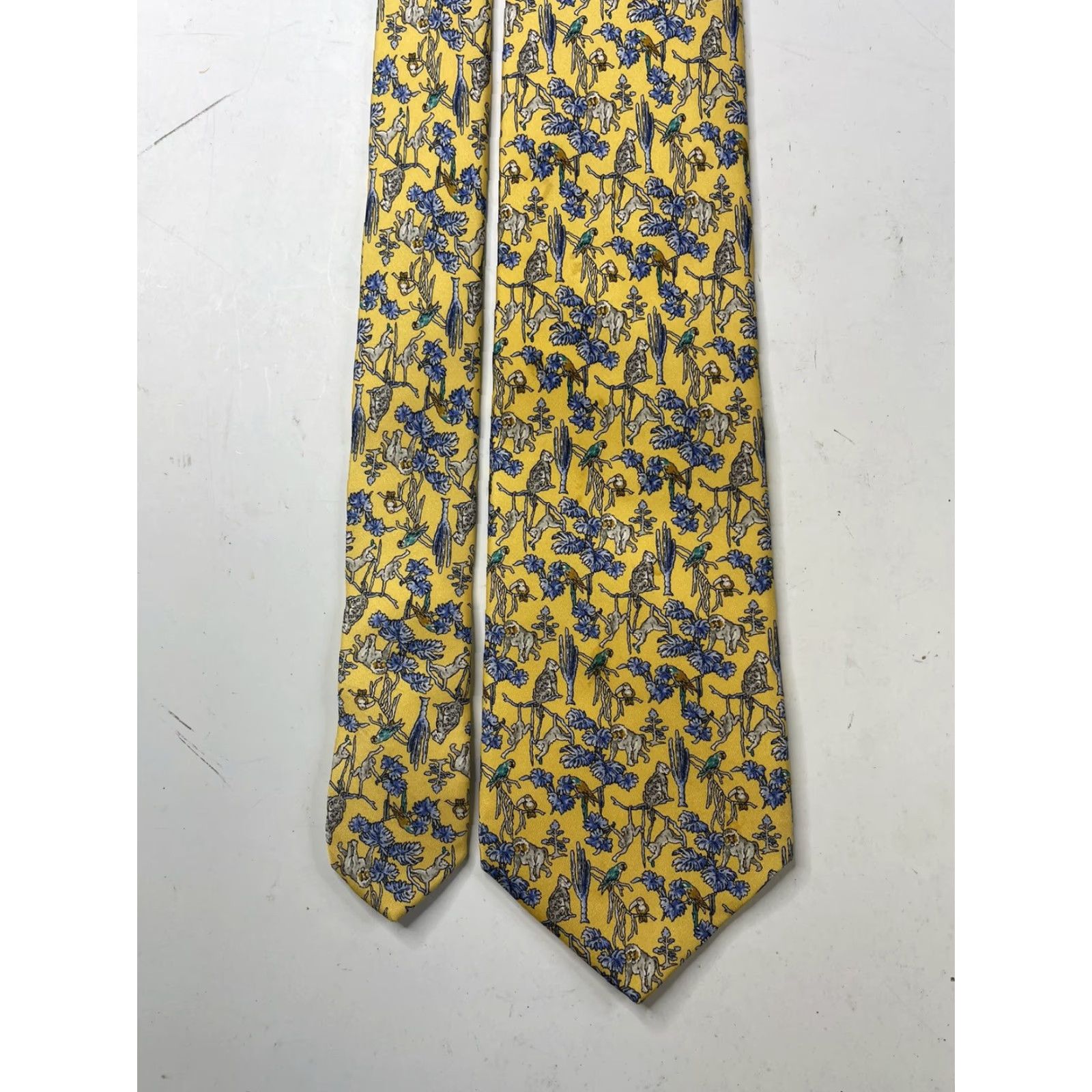 Figaret Alain Figaret Paris Luxury Silk Tie Multicolor Animal Print Monkey Cheetah Parrots Toucans Yellow Blue Classic 57"-60" Adults Mens Tie Size ONE SIZE - 2 Thumbnail