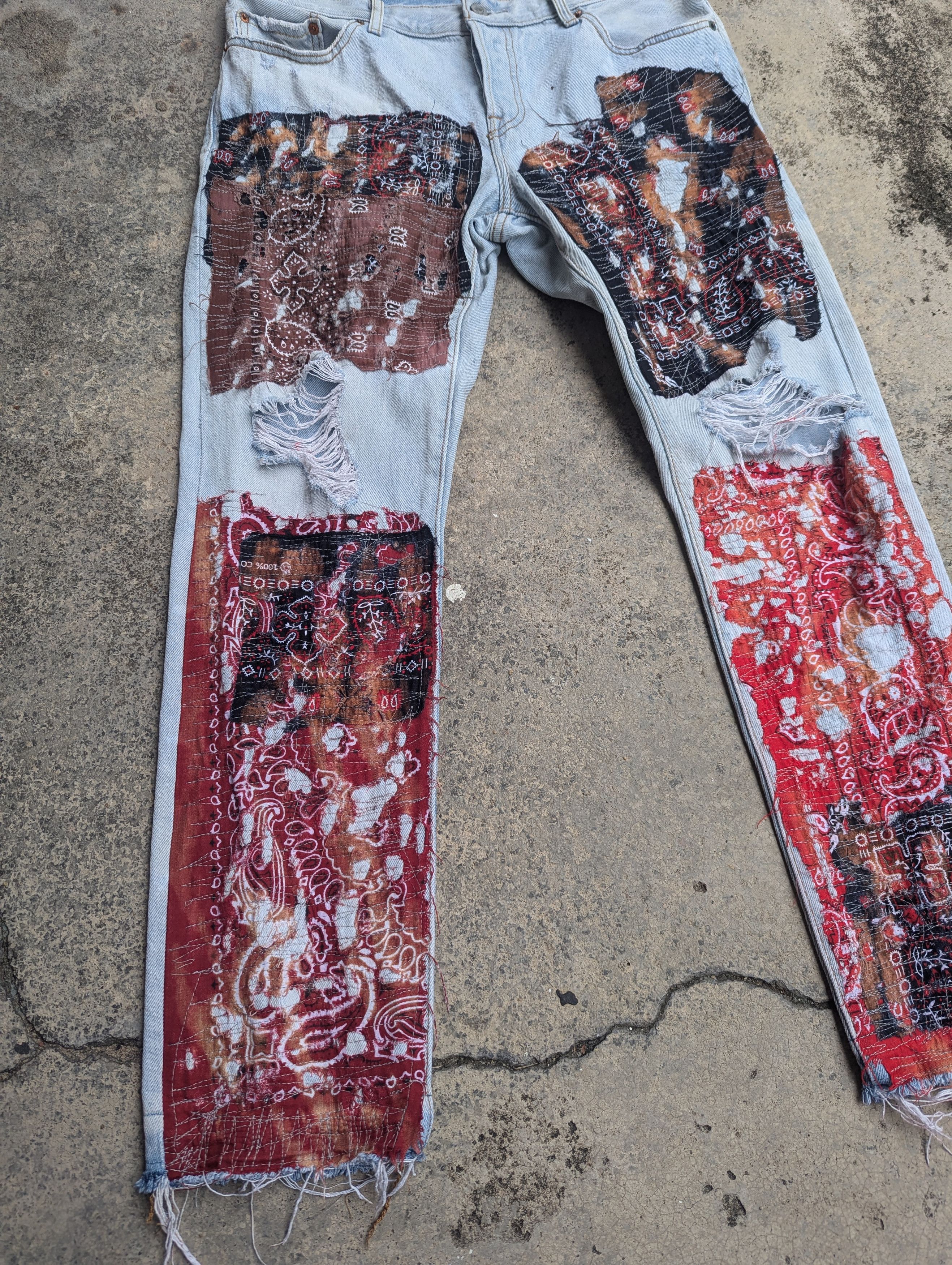 Levi's × Vintage Levis 501 Jeans Distressed Bandana Boro Custom Made Size 33" - 3 Thumbnail