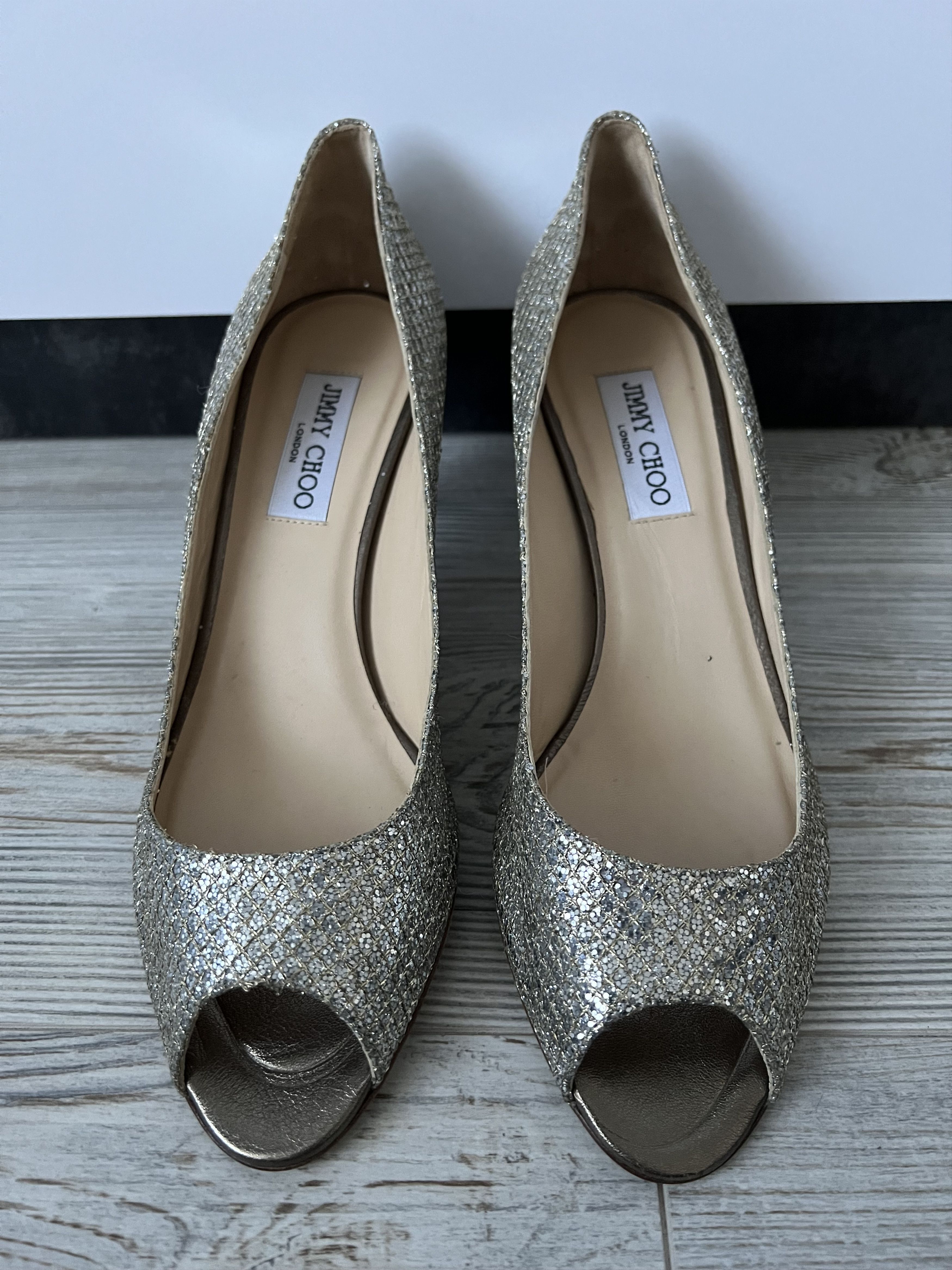 Jimmy Choo Jimmy Choo Silver Glitter Peep Toe Leather Heels Size 40 Size US 10 / IT 40 - 1 Thumbnail