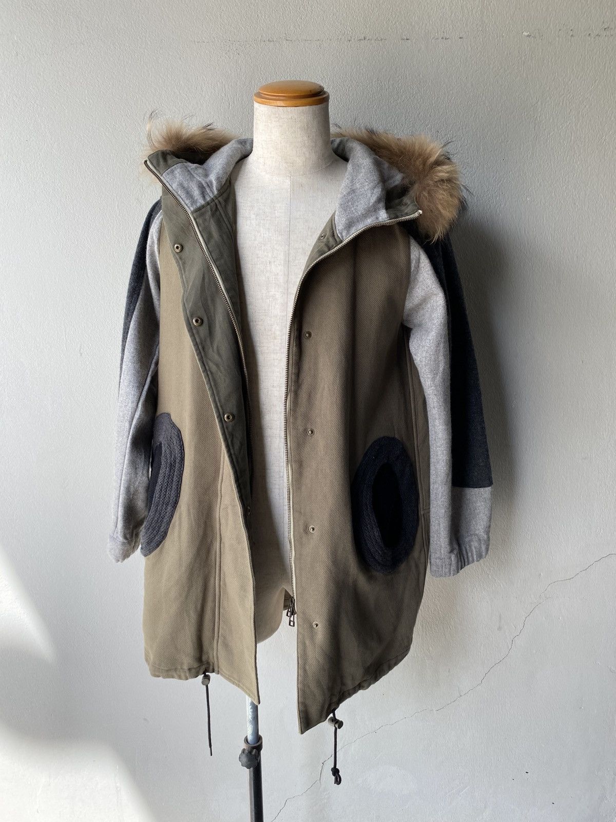 Tsumori Chisato TSUMORI CHISATO Khaki & Knit Fur Hood Coat Size US M / EU 48-50 / 2 - 16 Thumbnail