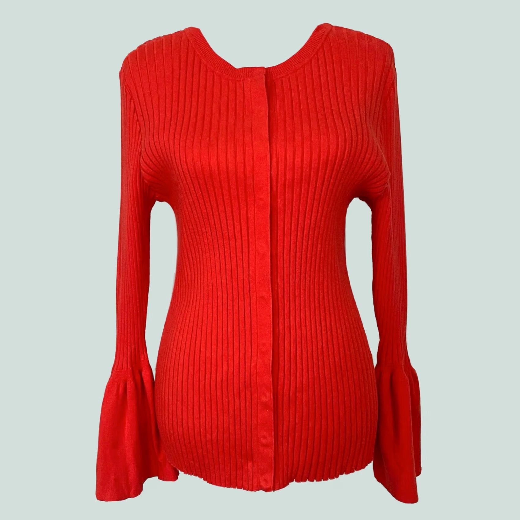 Vintage Cabi Cardigan Sweater Ribbed Bell Long Sleeve Hibiscus Red Coral 5285 S Women Cardigan 70% Cotton 40% Nylon Size S / US 4 / IT 40 - 1 Thumbnail