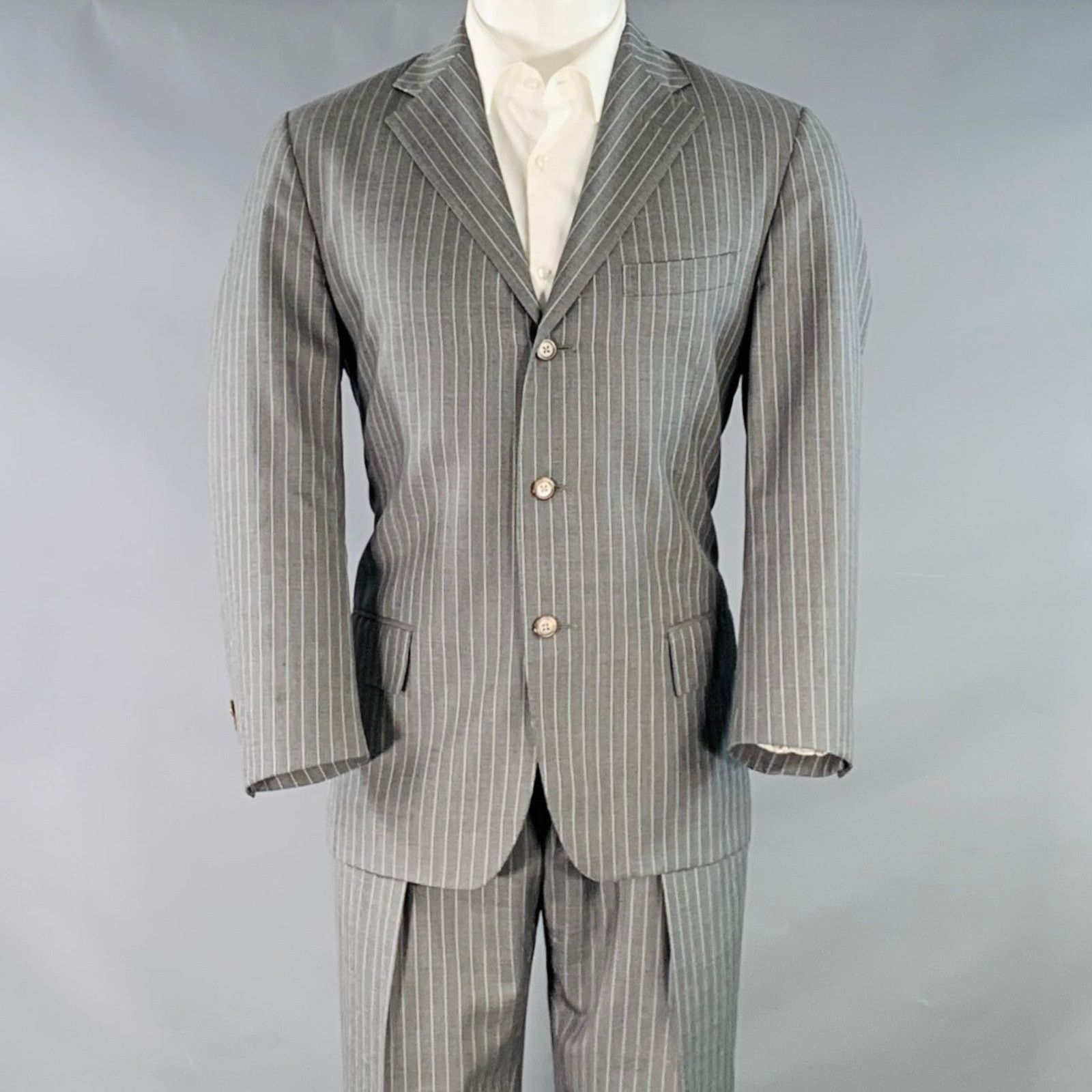 Size 39 Regular Grey Stripe Wool Notch Lapel Suit