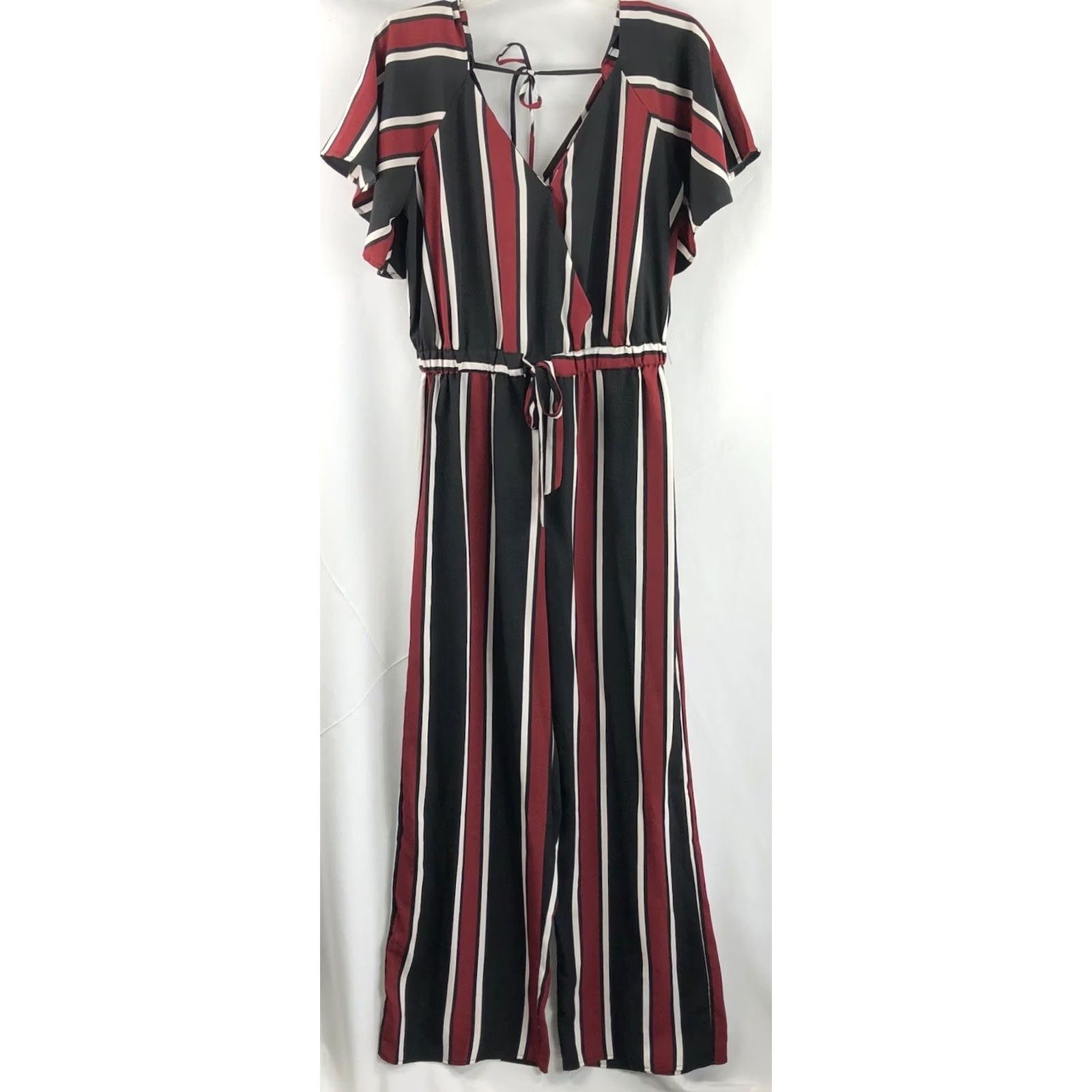 Etro Blush Retro Jumpsuit Shirt One-Piece L Red Black Stripe Flutter Sleeve Cinch Tie Waist 60s Bohemian Wide Leg Size L / US 10 / IT 46 - 4 Thumbnail