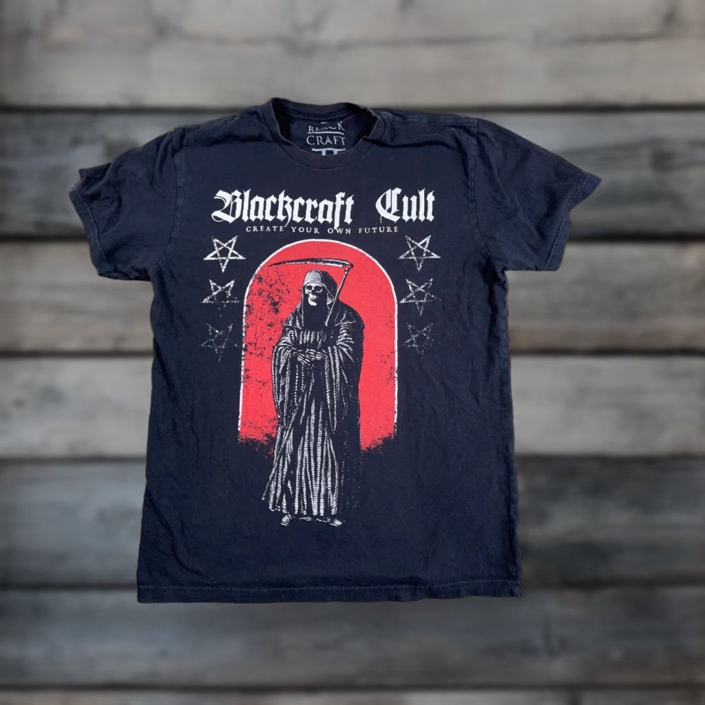 Vintage VINTAGE Blackcraft Cult Grim Reaper T-Shirt Adult Medium Black Graphic Print Goth Skull Cotton Size US M / EU 48-50 / 2 - 1 Thumbnail