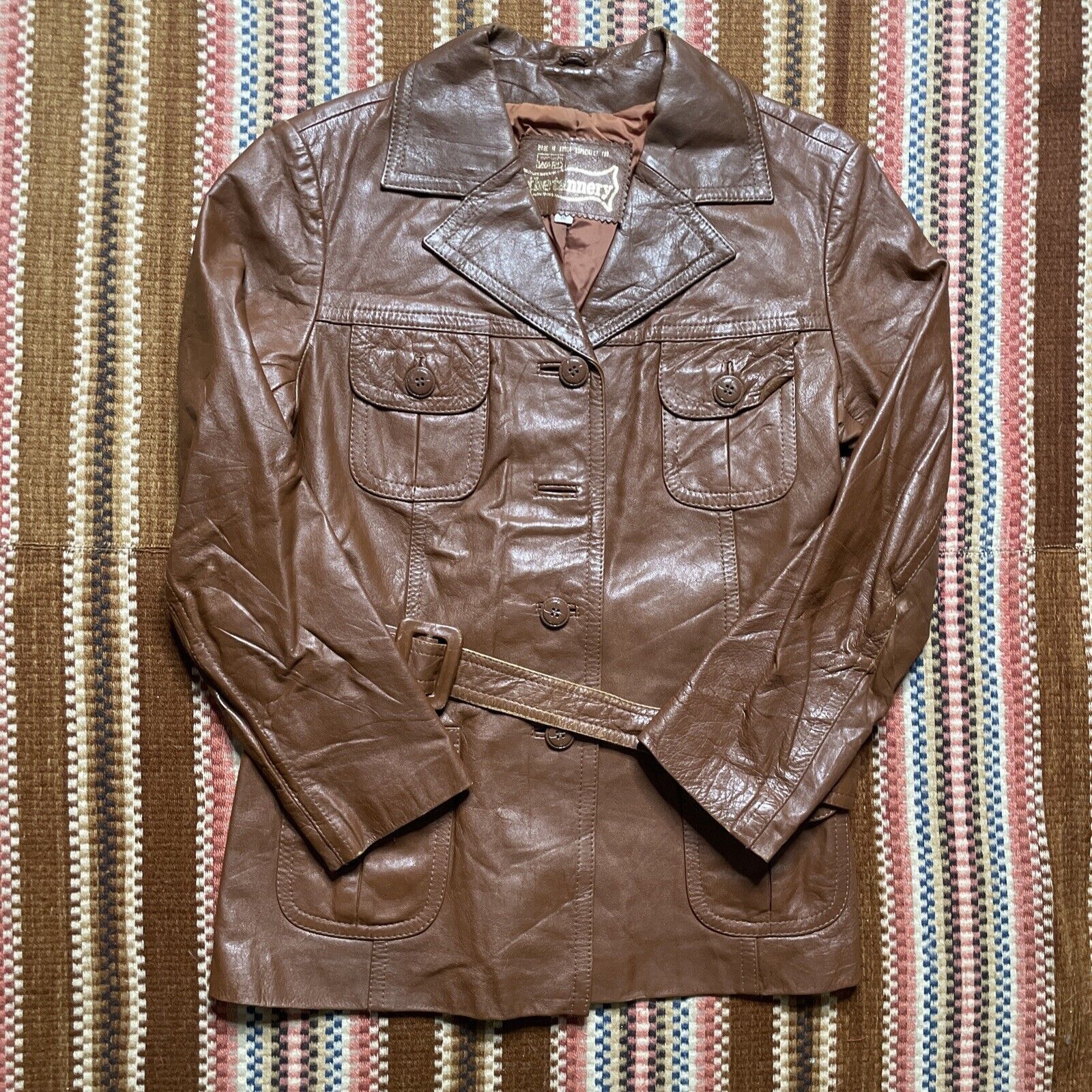 Japanese Brand × Vintage Vtg 70s Montgomery Ward Tannery Leather Belted Trench Coat Size M / US 6-8 / IT 42-44 - 1 Thumbnail