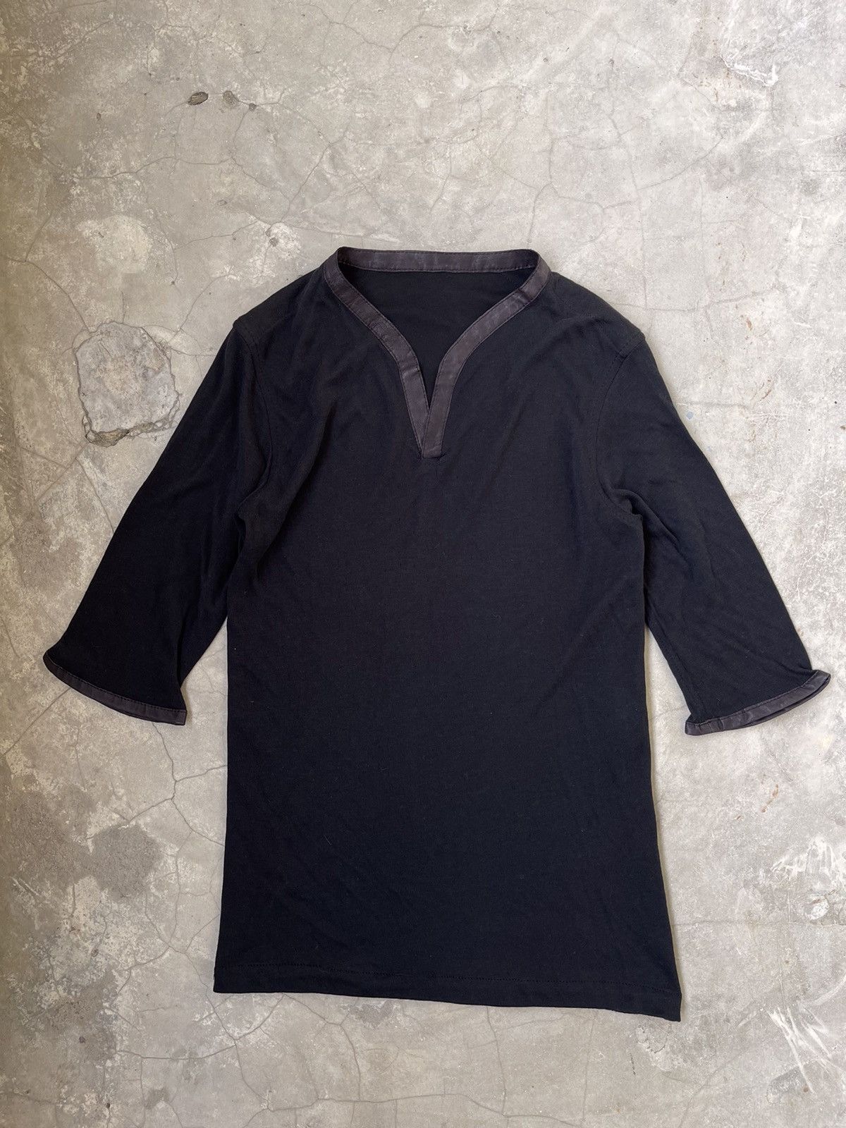 image of Giorgio Brato V Neck Leather Tee in Black, Men's (Size XS)