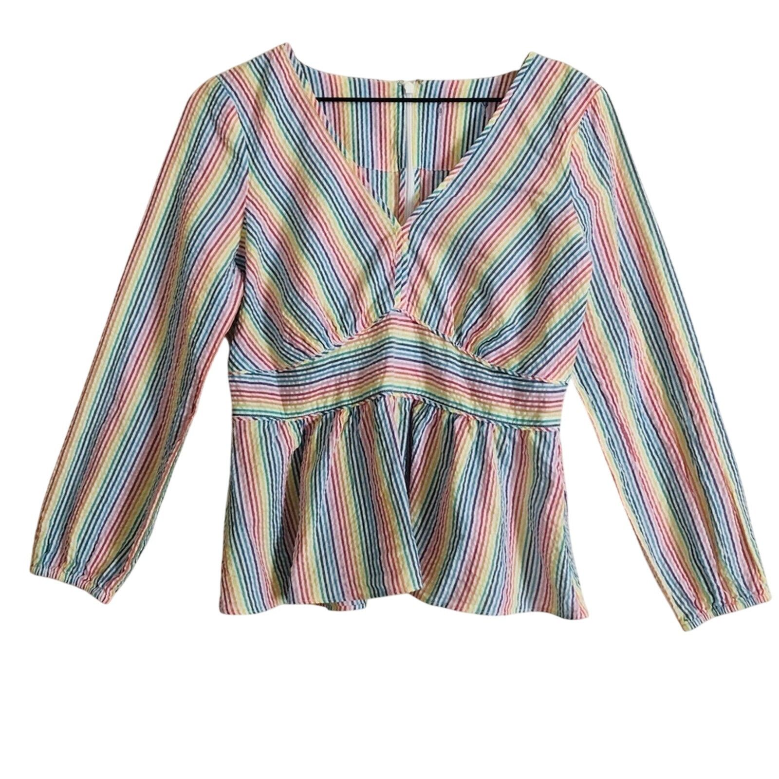 Other Rainbow Striped V-Neck Long Sleeve Peplum Blouse Top Size M / US 6-8 / IT 42-44 - 1 Thumbnail