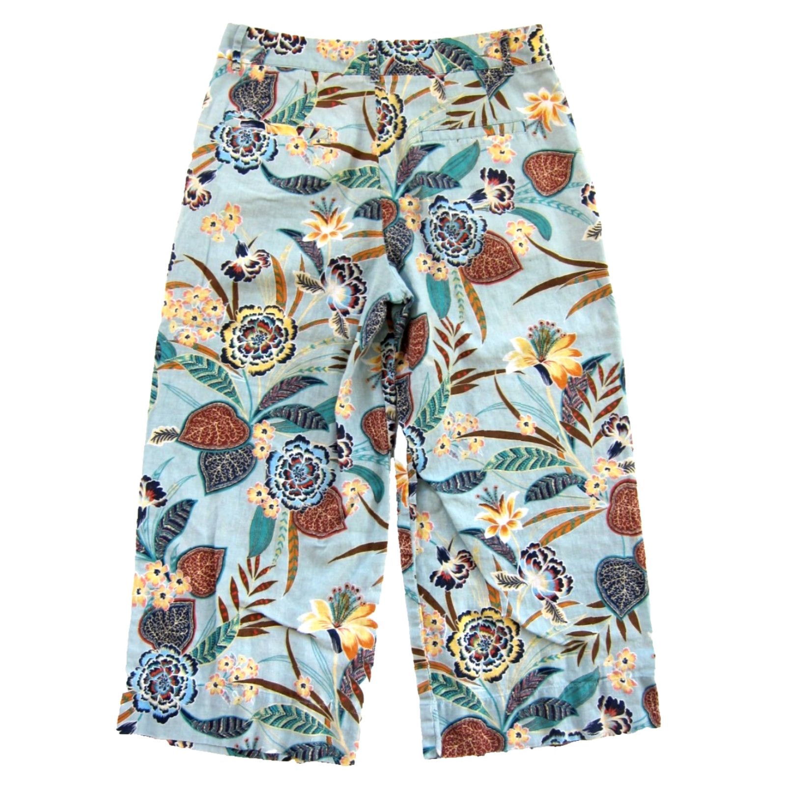 Esprit Esprit Pants Women Wide Leg Cropped Floral Linen Cotton Blue Yellow Brown Size 6 Size 28" / US 6 / IT 42 - 2 Thumbnail