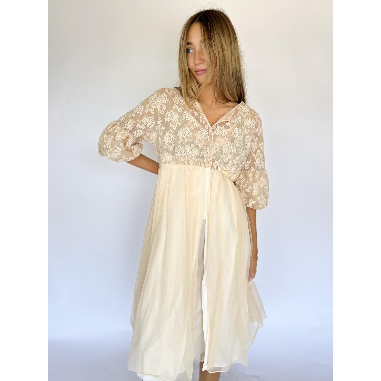 Vintage Vintage Sheer Cream Lace Midi Dress Set Lingerie Streetware Size M / US 6-8 / IT 42-44 - 5 Thumbnail