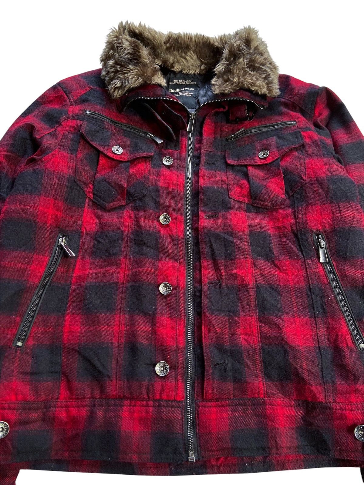 Japanese Brand DOUBLE DOCUS PLAID FAUX FUR ZIP JACKET Size US M / EU 48-50 / 2 - 3 Thumbnail