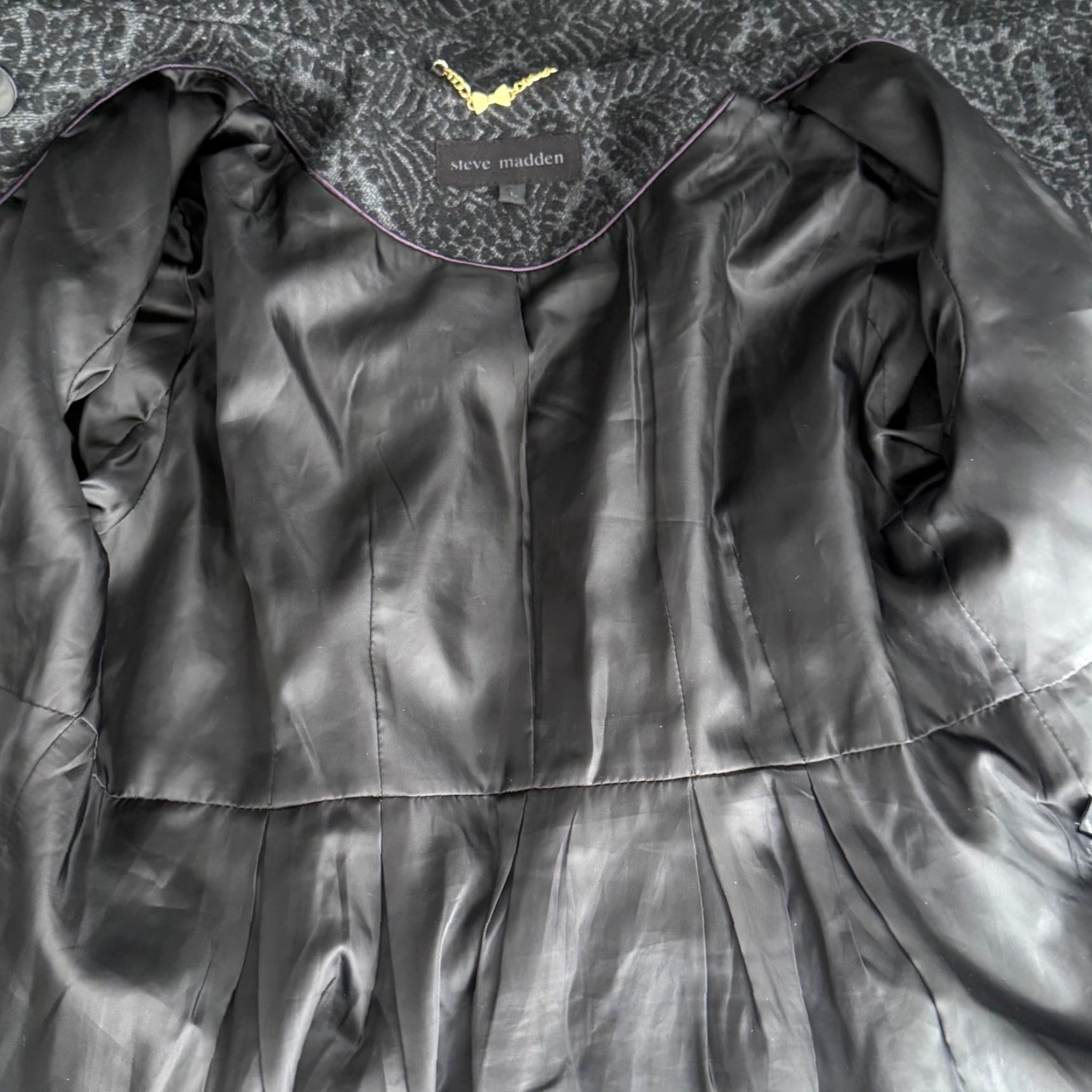 Steve Madden Steve Madden Womens L Pea Coat Grey Black Damask Ruffle Funnel Neck Wool Blend Coat Women L Gray Charcoal Size L / US 10 / IT 46 - 7 Thumbnail