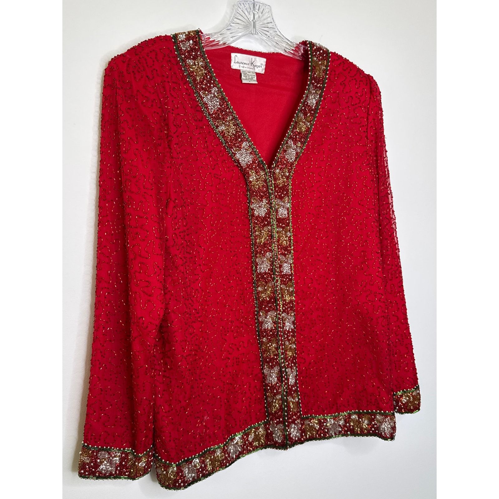 Vintage Vtg Laurence Kazer Silk beaded red formal cardigan Jacket L Size L / US 10 / IT 46 - 8 Thumbnail