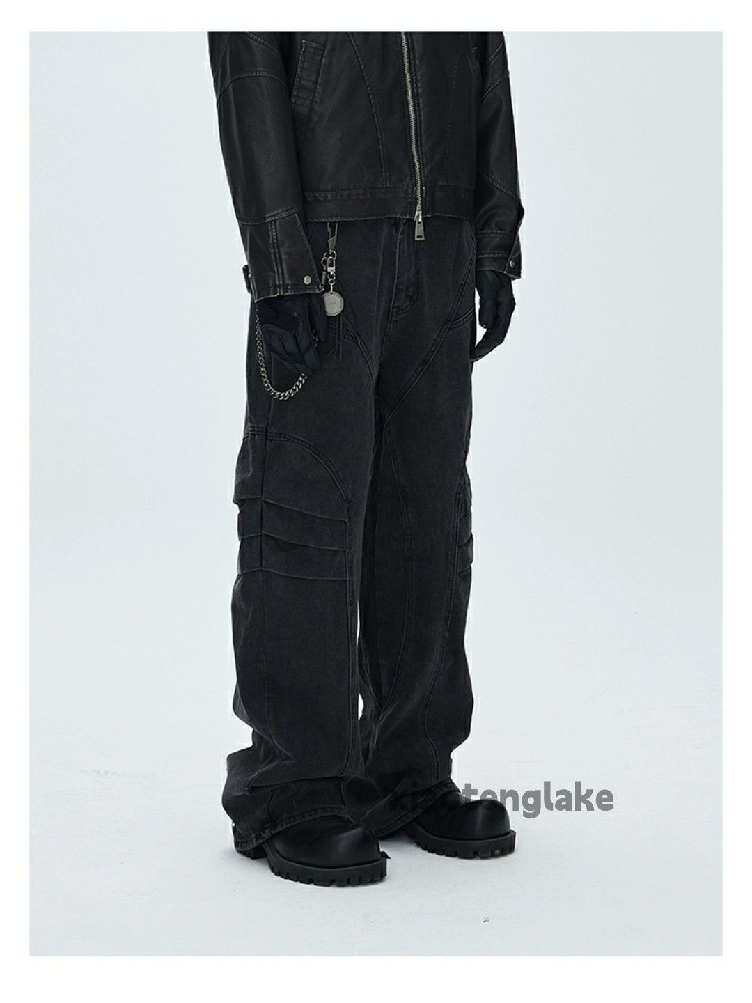 loose biker cargo patchwork washed faded jeans