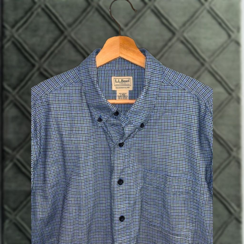 Vintage LL Bean Mens Large Multi Blue Houndstooth Check Flannel Button Down Shirt Pocket Size US L / EU 52-54 / 3 - 1 Thumbnail