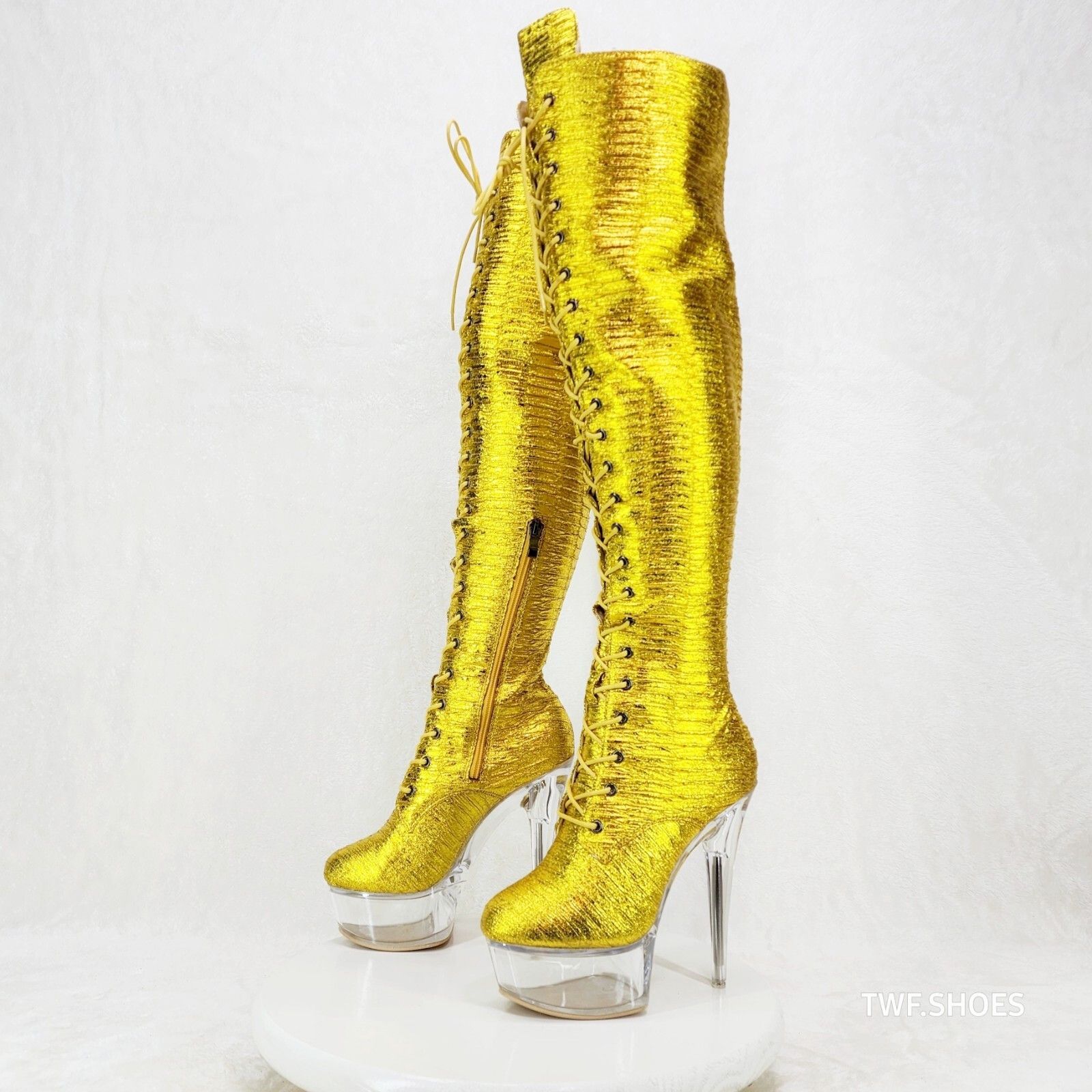 Other Bulls Metallic Yellow Gold OTK Clear Platform High Heel Thig Size US 7 / IT 37 - 2 Thumbnail