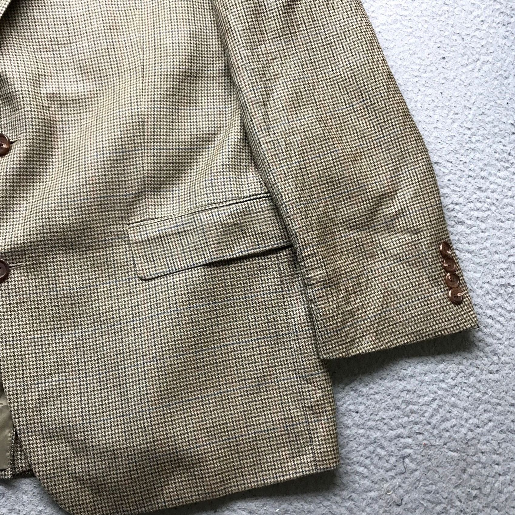 Ralph Lauren Lauren Ralph Lauren Blazer Coat Mens XL Houndstooth Wool Blend Tan Notch Lapel Button Mid-Length Silk Lining Regular Fit Casual Vintage No Size 46R - 7 Thumbnail