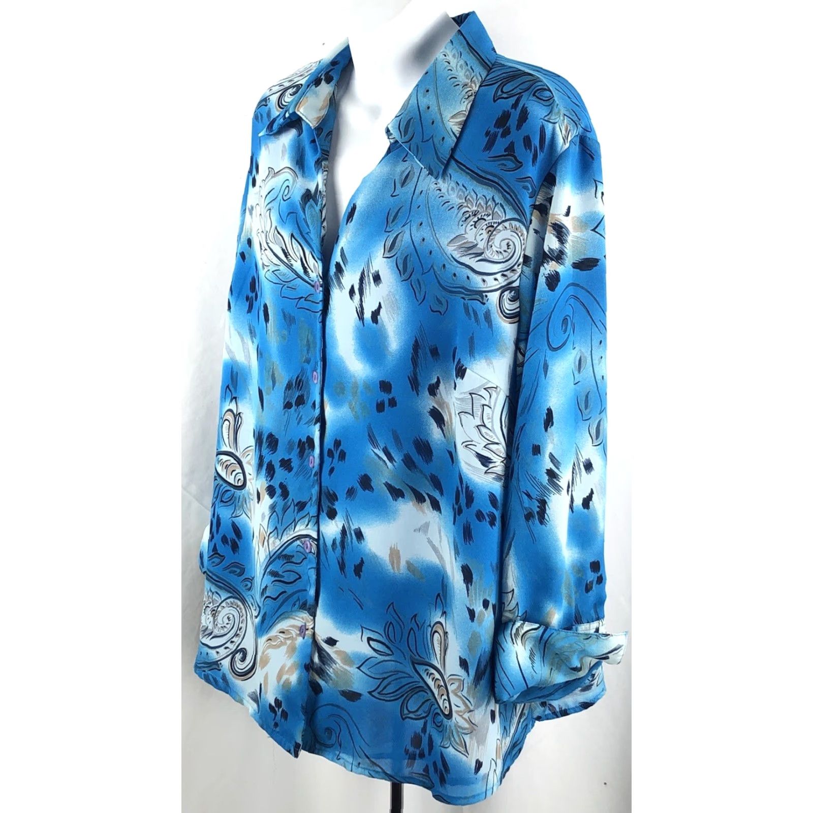 Vintage VINTAGE ML Studio Button-Up Blue Geometric 18W Long Sleeve Chiffon Mock French Cuff Boho Retro 70s Women Size XXL / US 16-18 / IT 52-54 - 2 Thumbnail